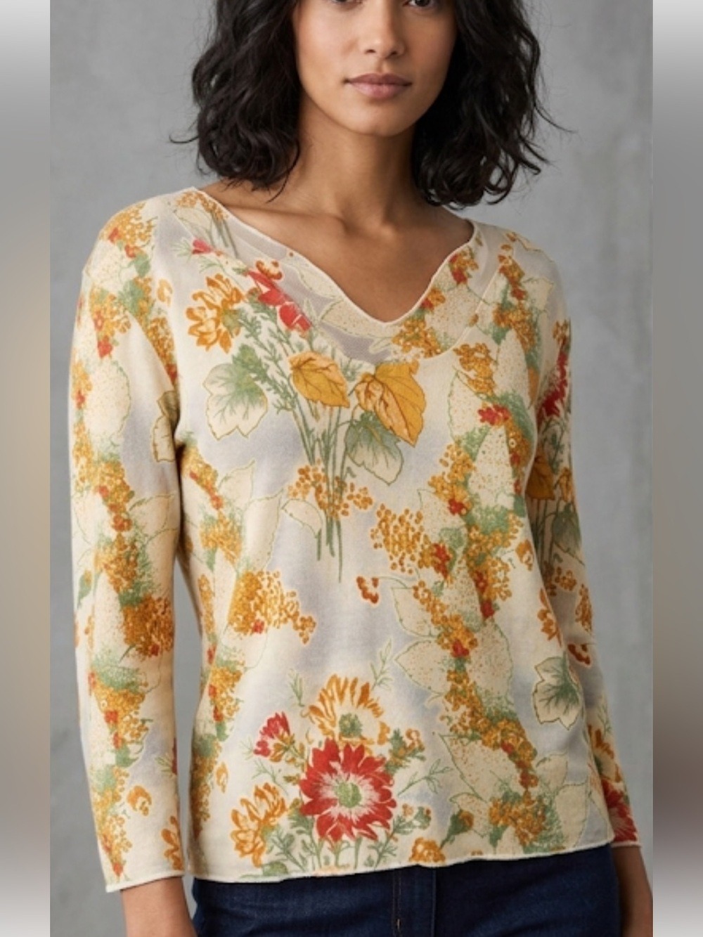J. Jill Cream Yellow Floral Print Top Lightweight Relaxed Blouse Size small